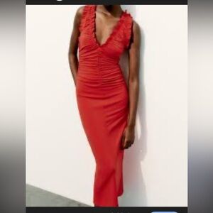 Zara Red Ruffled V‑Neck Midi Dress